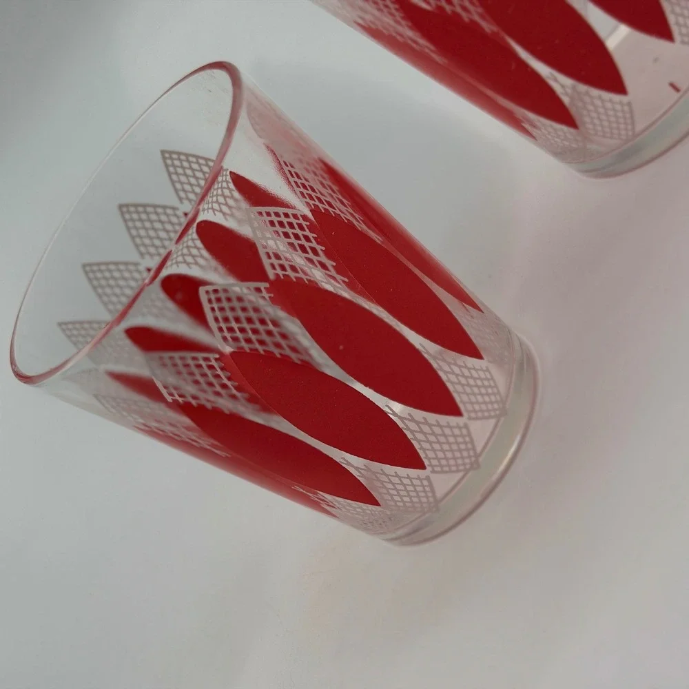 Vintage Mid Century Modern Red White Atomic Petal Juice Glasses Set of 2 MCM